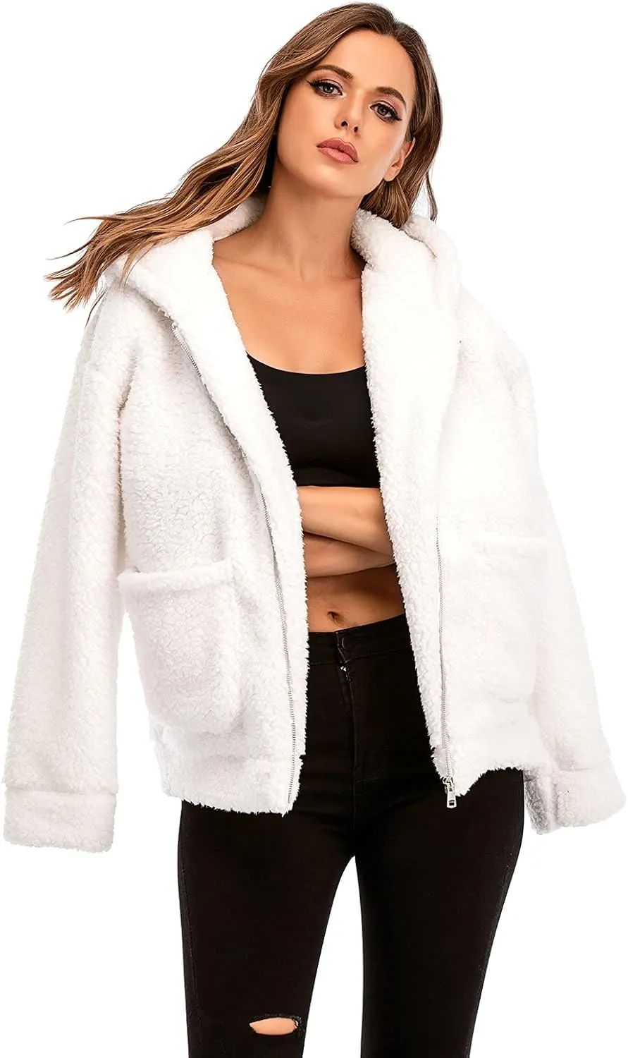 Comeon Womens Casual Coat Lapel Fleece Fuzzy Faux Shearling Zipper Hooded Warm Winter Oversized Jackets