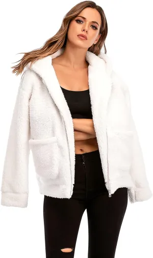 Comeon Womens Casual Coat Lapel Fleece Fuzzy Faux Shearling Zipper Hooded Warm Winter Oversized Jackets