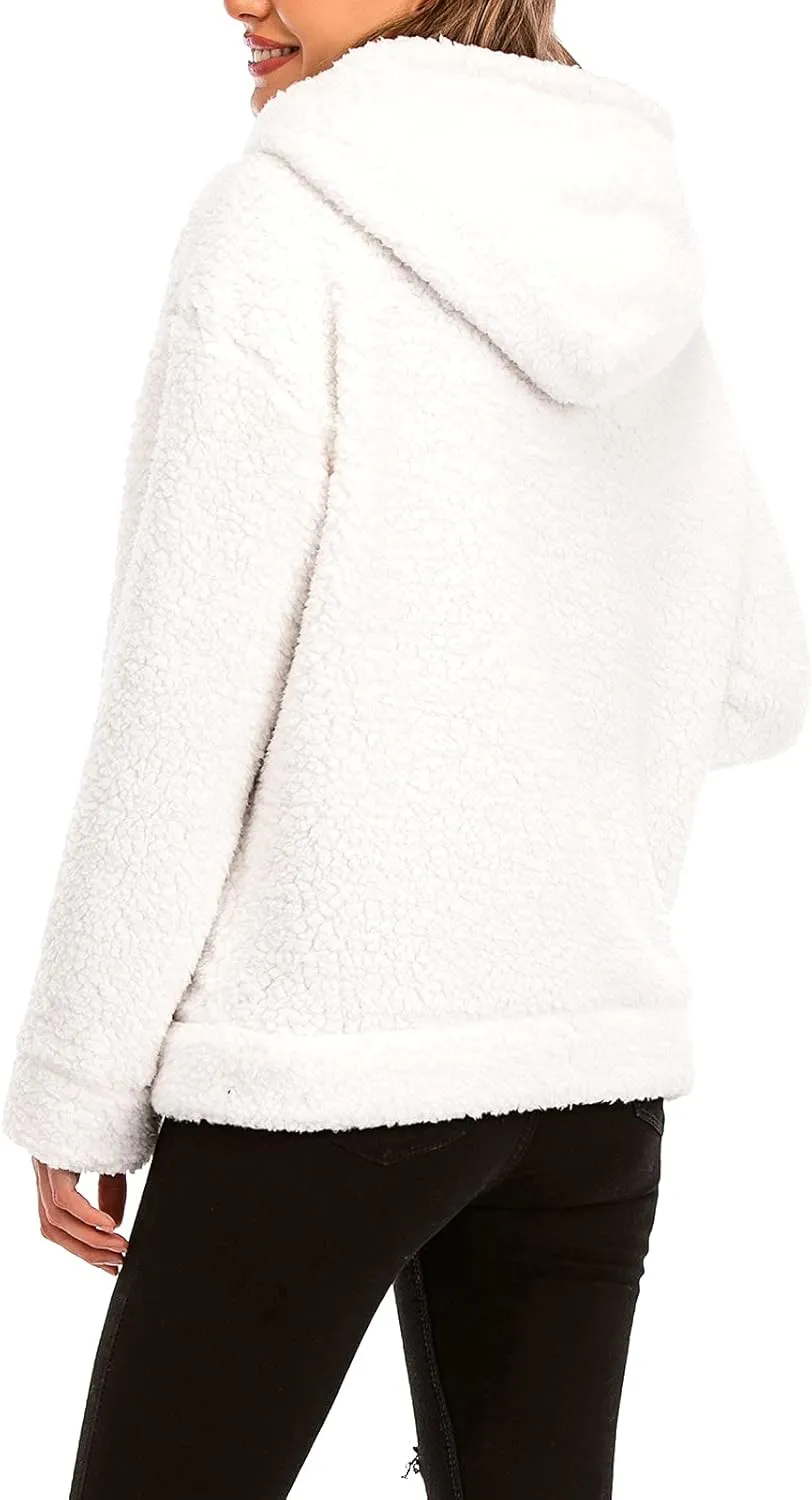 Comeon Womens Casual Coat Lapel Fleece Fuzzy Faux Shearling Zipper Hooded Warm Winter Oversized Jackets