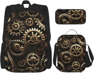 Cool Steampunk Gears Print Unisex Stylish Travel Backpack Set With Insulated Lunch Bag,Adjustable Straps