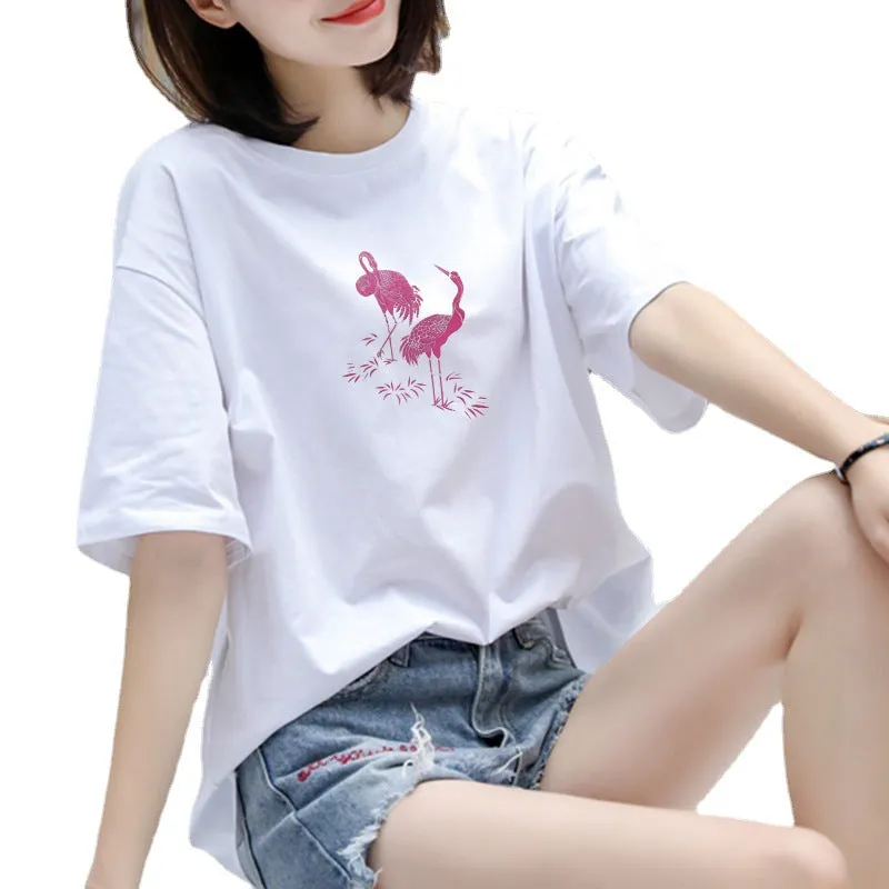 Cotton T-Shirt Women Short Sleeve Loose Korean White Summer Minimalist Student Printed INS T-Shirt