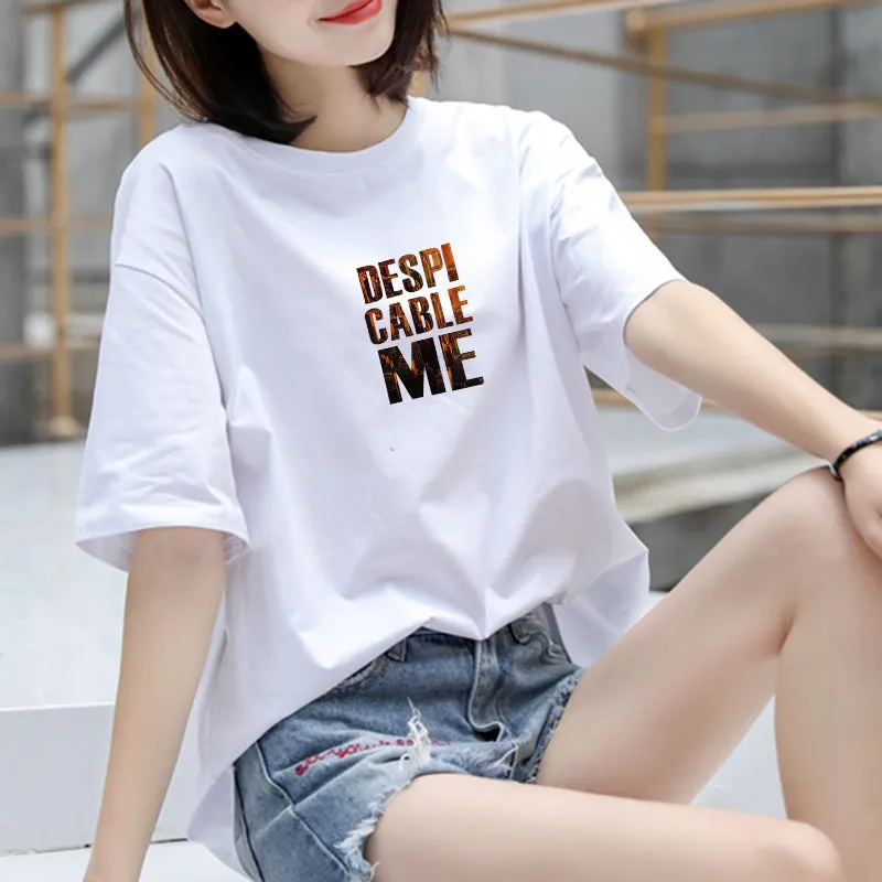 Cotton T-Shirt Women Short Sleeve Loose Korean White Summer Minimalist Student Printed INS T-Shirt