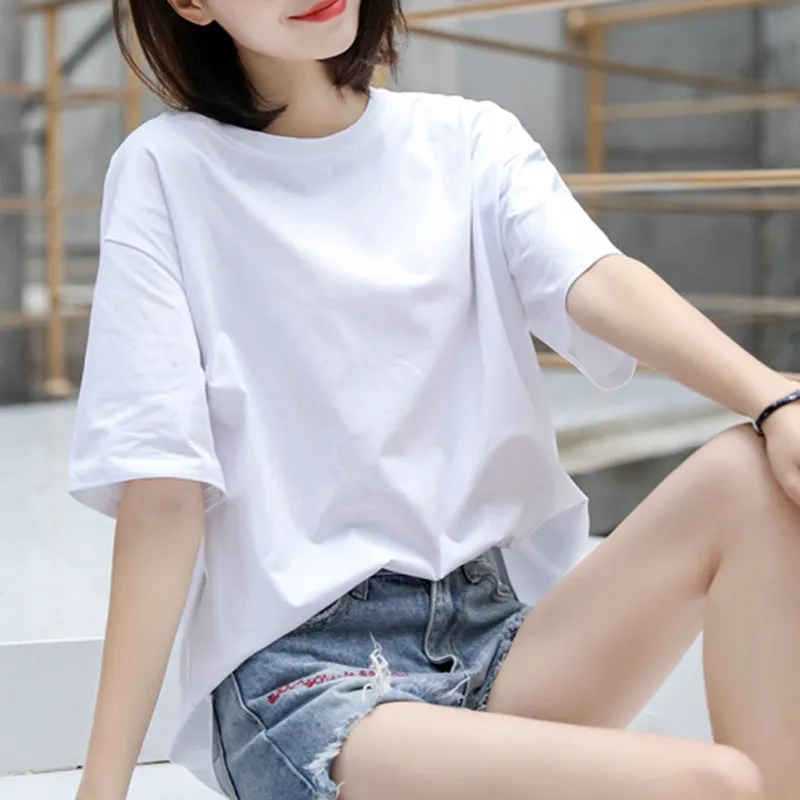 Cotton T-Shirt Women Short Sleeve Loose Korean White Summer Minimalist Student Printed INS T-Shirt