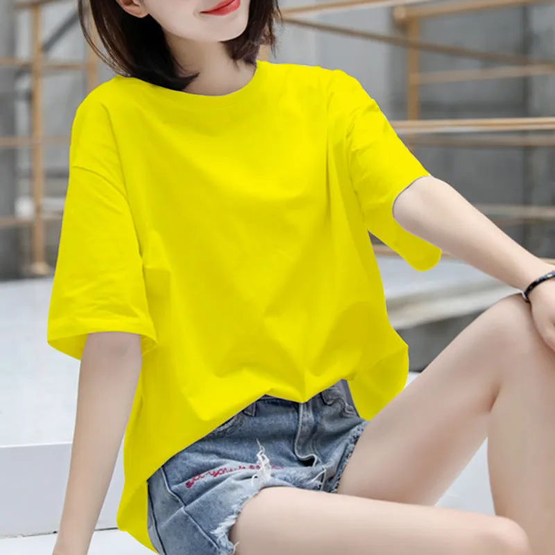 Cotton T-Shirt Women Short Sleeve Loose Korean White Summer Minimalist Student Printed INS T-Shirt
