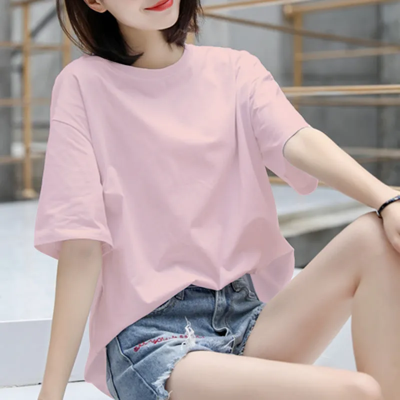 Cotton T-Shirt Women Short Sleeve Loose Korean White Summer Minimalist Student Printed INS T-Shirt