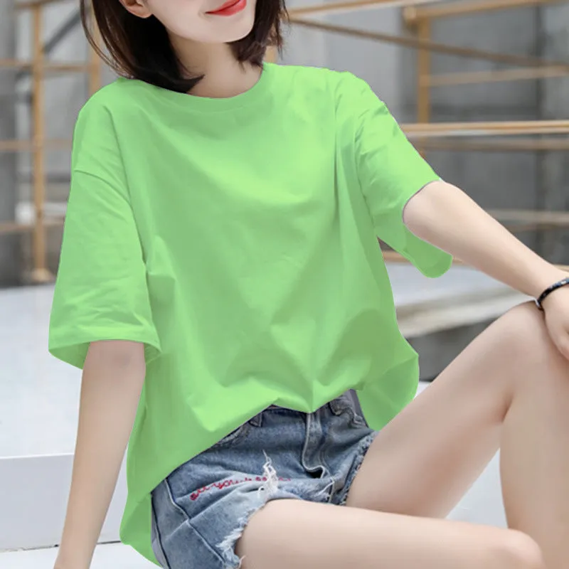 Cotton T-Shirt Women Short Sleeve Loose Korean White Summer Minimalist Student Printed INS T-Shirt