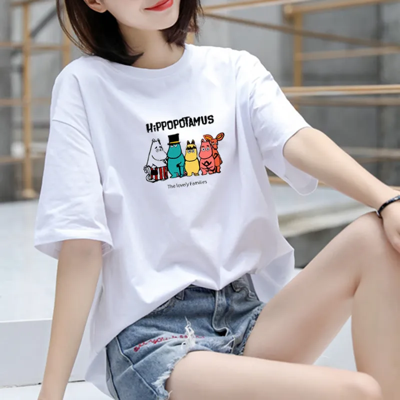 Cotton T-Shirt Women Short Sleeve Loose Korean White Summer Minimalist Student Printed INS T-Shirt