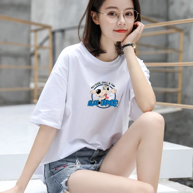 Cotton T-Shirt Women Short Sleeve Loose Korean White Summer Minimalist Student Printed INS T-Shirt