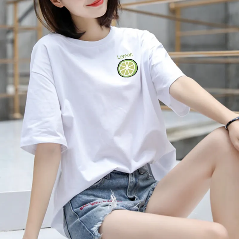 Cotton T-Shirt Women Short Sleeve Loose Korean White Summer Minimalist Student Printed INS T-Shirt