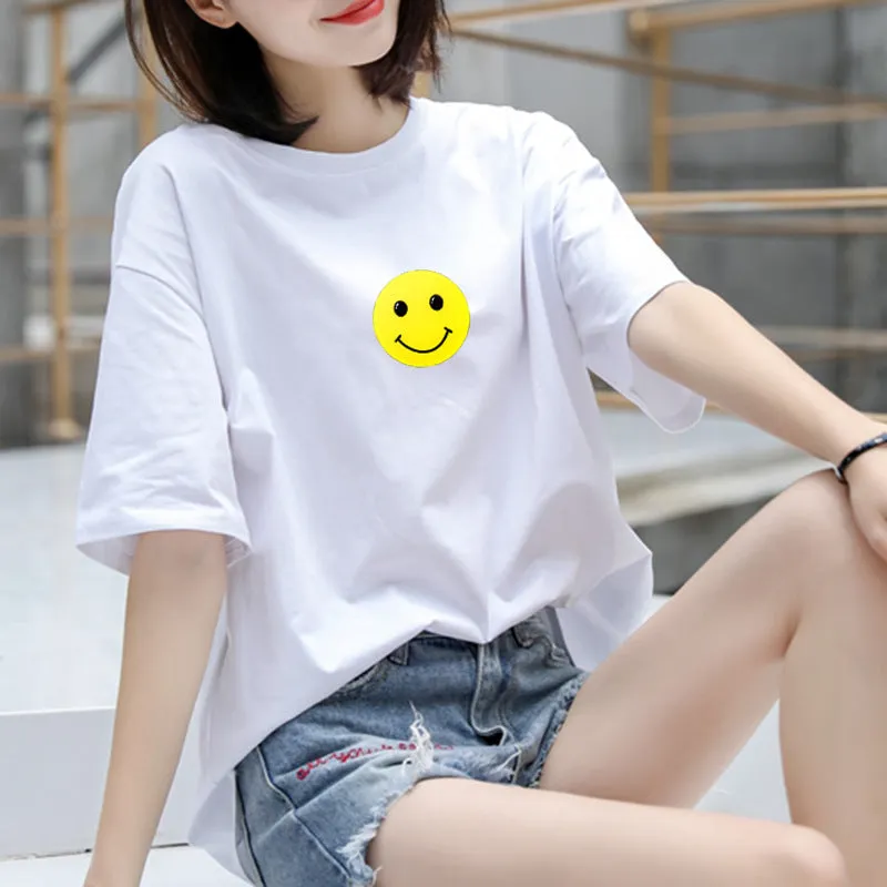 Cotton T-Shirt Women Short Sleeve Loose Korean White Summer Minimalist Student Printed INS T-Shirt