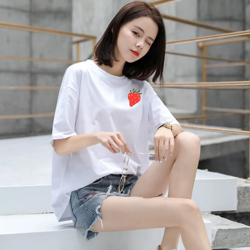 Cotton T-Shirt Women Short Sleeve Loose Korean White Summer Minimalist Student Printed INS T-Shirt