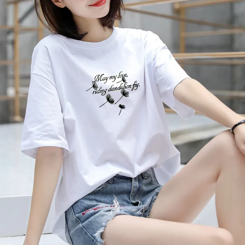 Cotton T-Shirt Women Short Sleeve Loose Korean White Summer Minimalist Student Printed INS T-Shirt