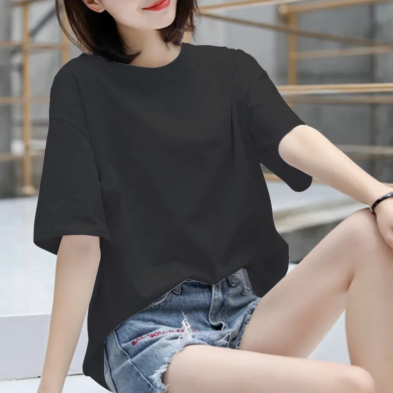 Cotton T-Shirt Women Short Sleeve Loose Korean White Summer Minimalist Student Printed INS T-Shirt