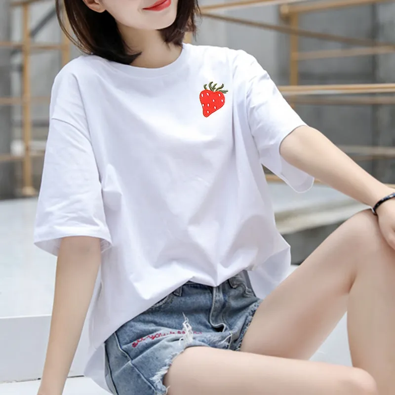 Cotton T-Shirt Women Short Sleeve Loose Korean White Summer Minimalist Student Printed INS T-Shirt
