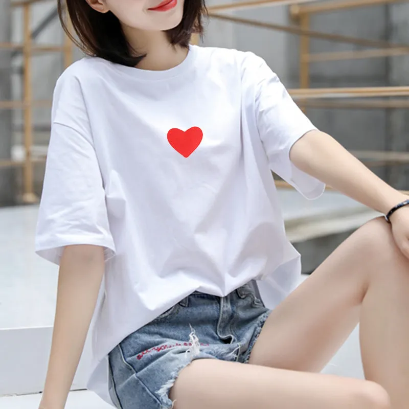 Cotton T-Shirt Women Short Sleeve Loose Korean White Summer Minimalist Student Printed INS T-Shirt