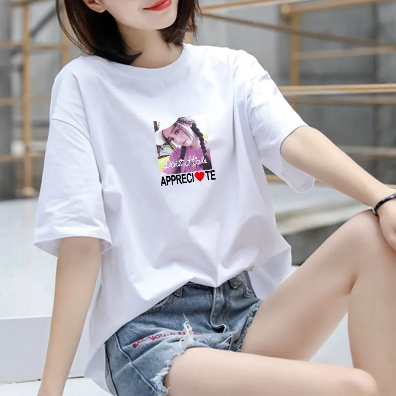 Cotton T-Shirt Women Short Sleeve Loose Korean White Summer Minimalist Student Printed INS T-Shirt