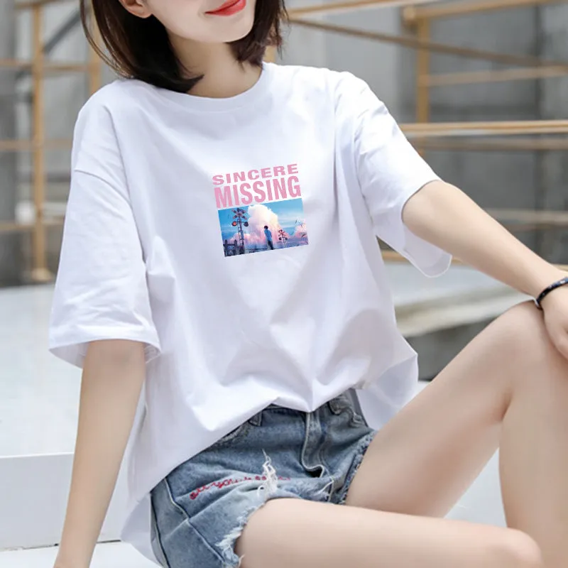 Cotton T-Shirt Women Short Sleeve Loose Korean White Summer Minimalist Student Printed INS T-Shirt