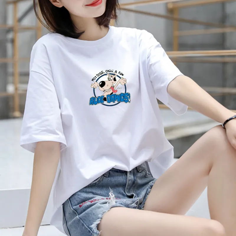 Cotton T-Shirt Women Short Sleeve Loose Korean White Summer Minimalist Student Printed INS T-Shirt