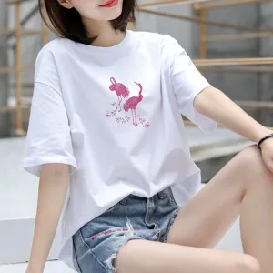 Cotton T-Shirt Women Short Sleeve Loose Korean White Summer Minimalist Student Printed INS T-Shirt