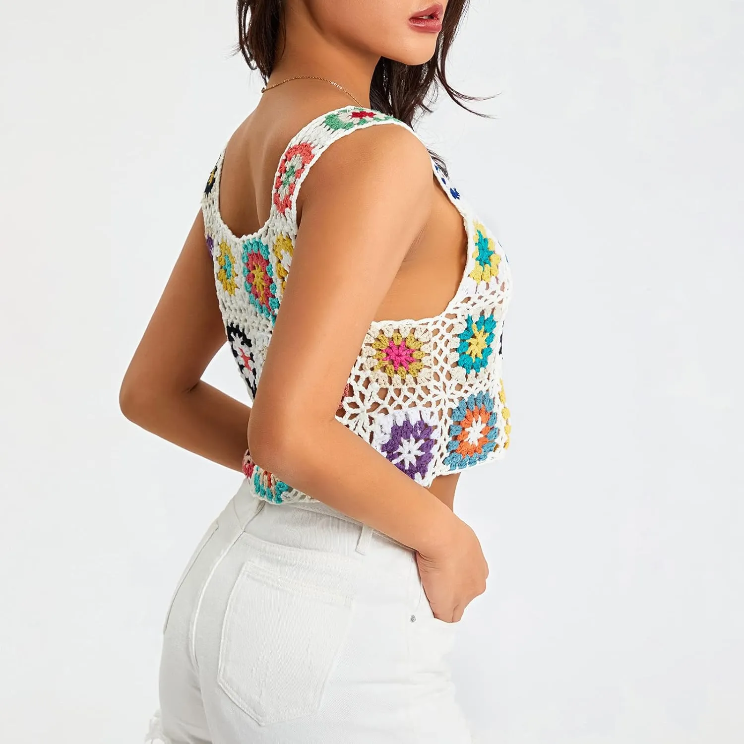 Crochet Tops Women Y2k Knit Vest Tank Top Knitted Daisy Camisole Hollow Out Crochet Crop Tops Summer Clothes