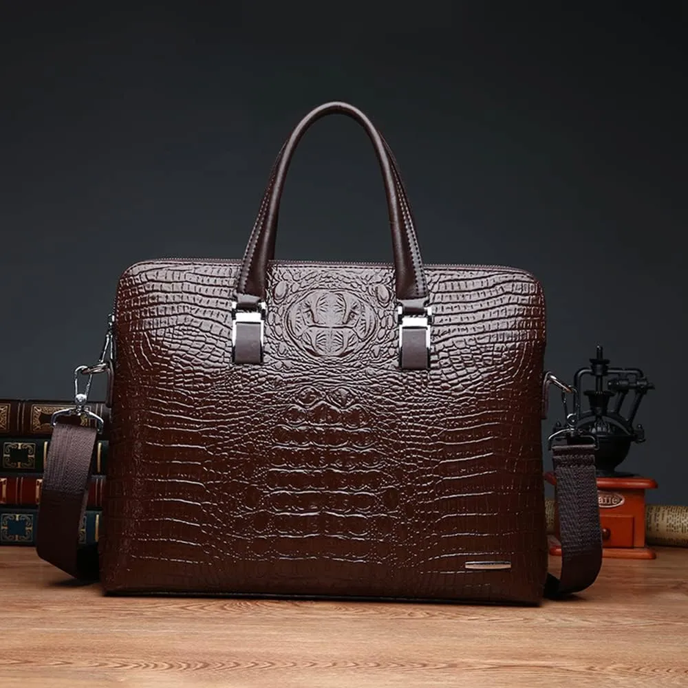 Crocodile Pattern Leather Business Bag for Men - Stylish Laptop Messenger Briefcase for Office Work (Brown)