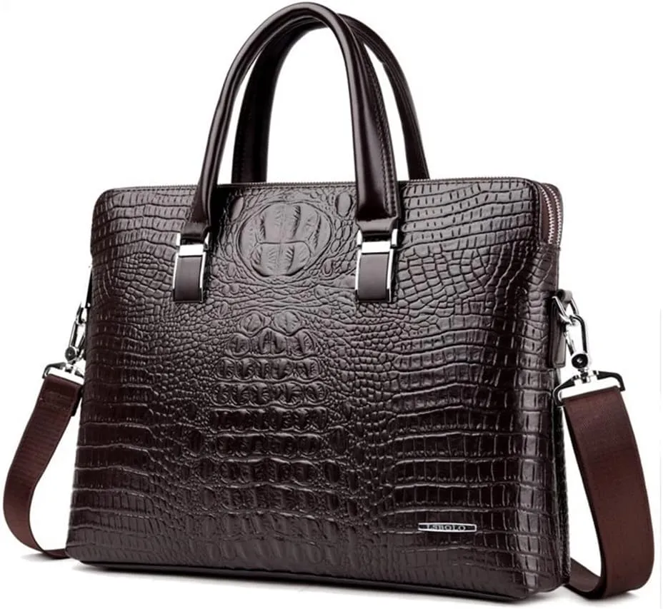 Crocodile Pattern Leather Business Bag for Men - Stylish Laptop Messenger Briefcase for Office Work (Brown)