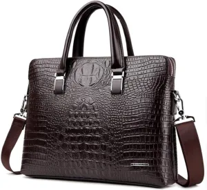 Crocodile Pattern Leather Business Bag for Men - Stylish Laptop Messenger Briefcase for Office Work (Brown)
