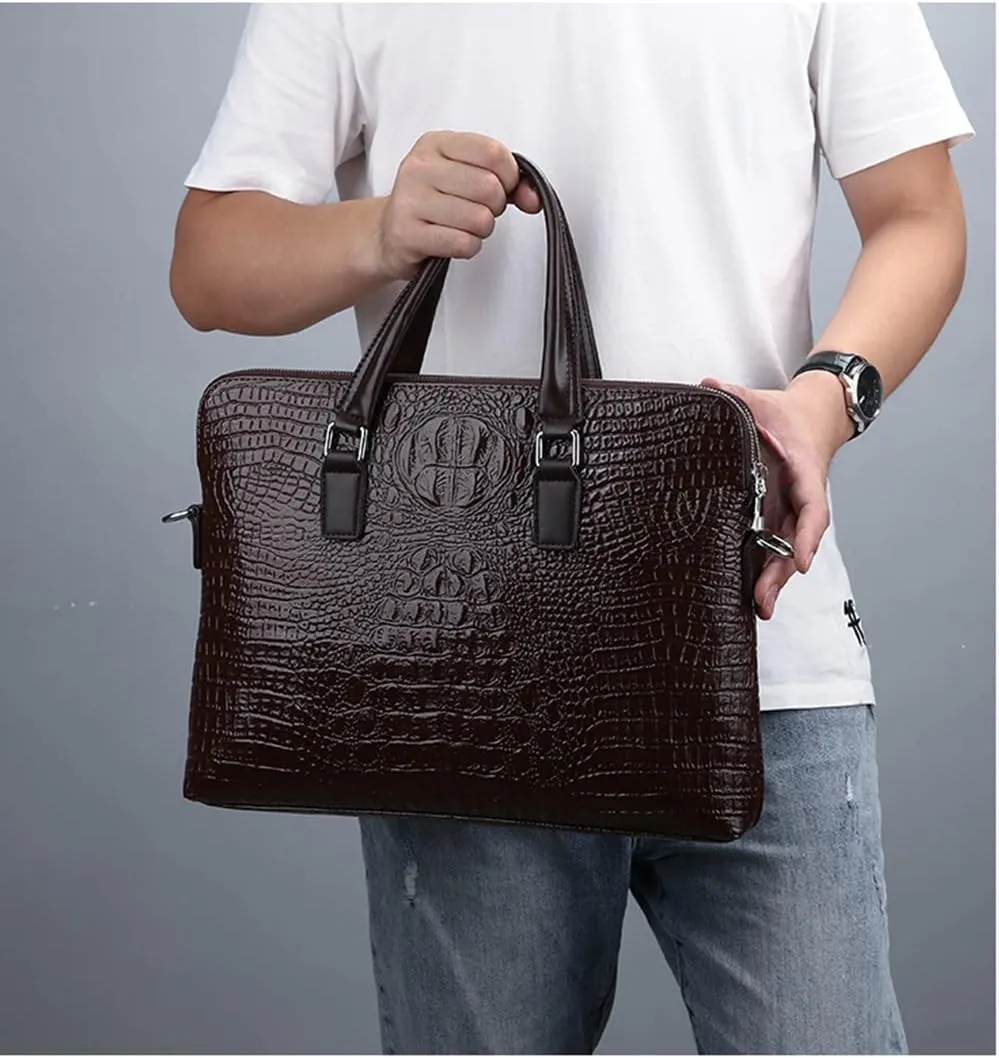 Crocodile Pattern Leather Business Bag for Men - Stylish Laptop Messenger Briefcase for Office Work (Brown)