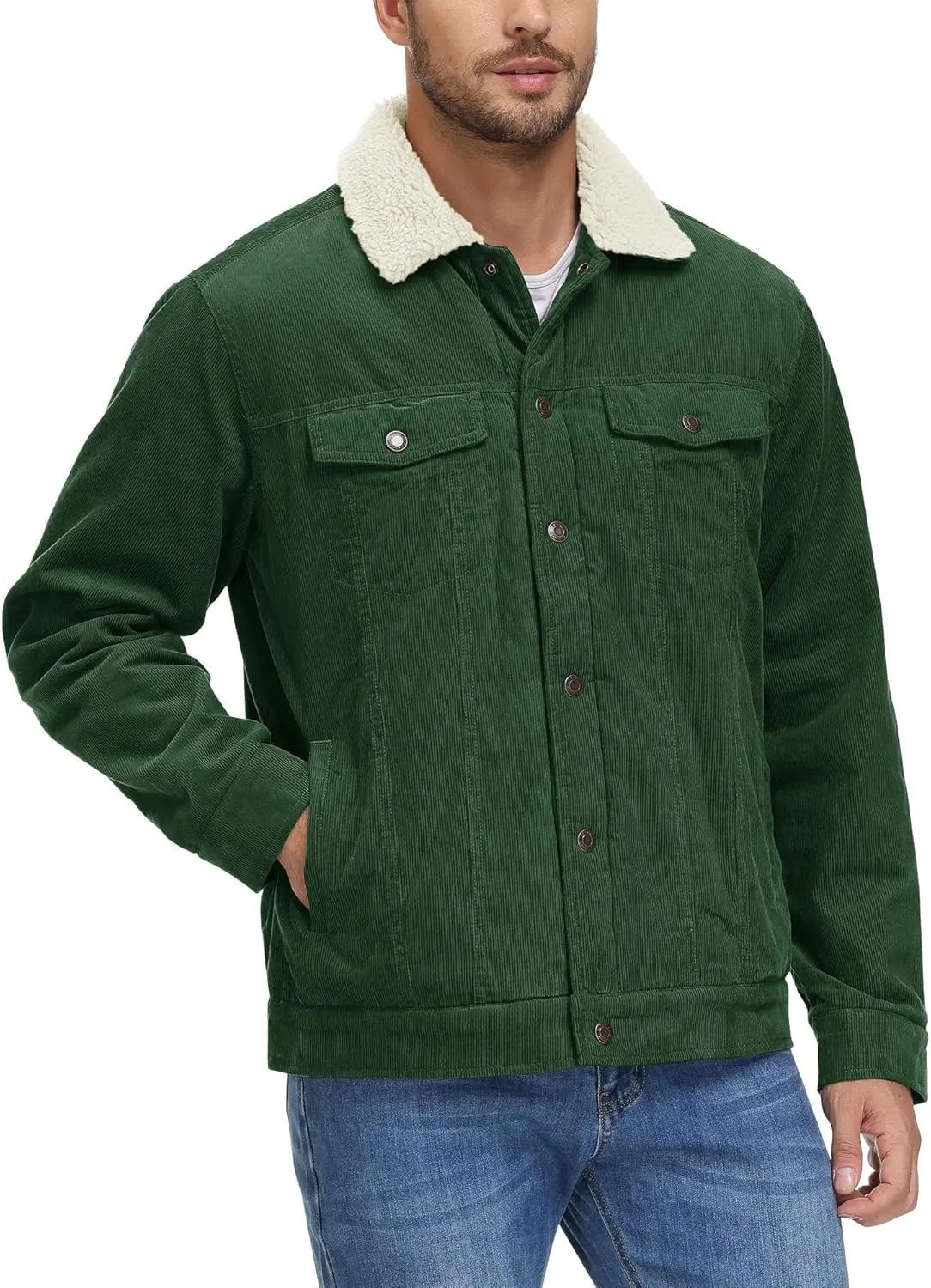 CRYSULLY Men's Corduroy Jacket Cotton Sherpa Lined Jacket Turn-Down Collar Jackets with 5 Pockets