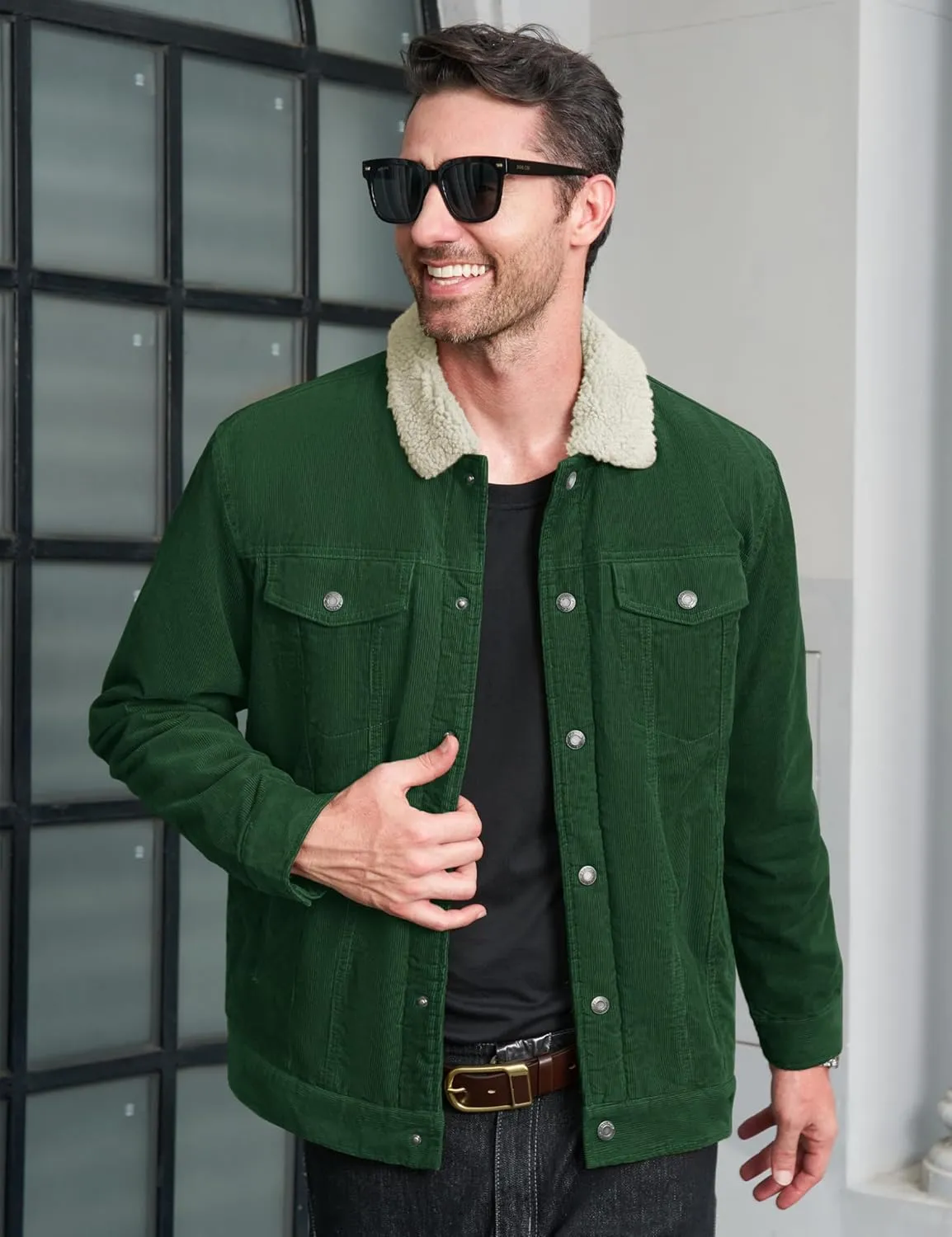 CRYSULLY Men's Corduroy Jacket Cotton Sherpa Lined Jacket Turn-Down Collar Jackets with 5 Pockets
