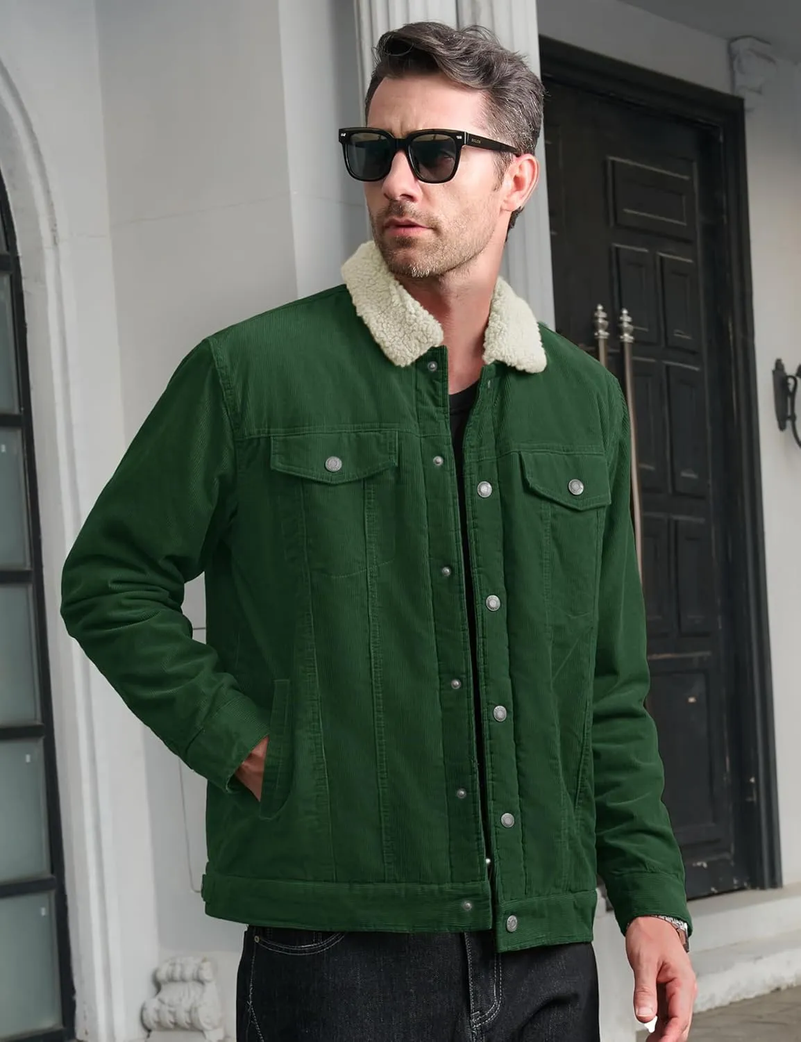 CRYSULLY Men's Corduroy Jacket Cotton Sherpa Lined Jacket Turn-Down Collar Jackets with 5 Pockets