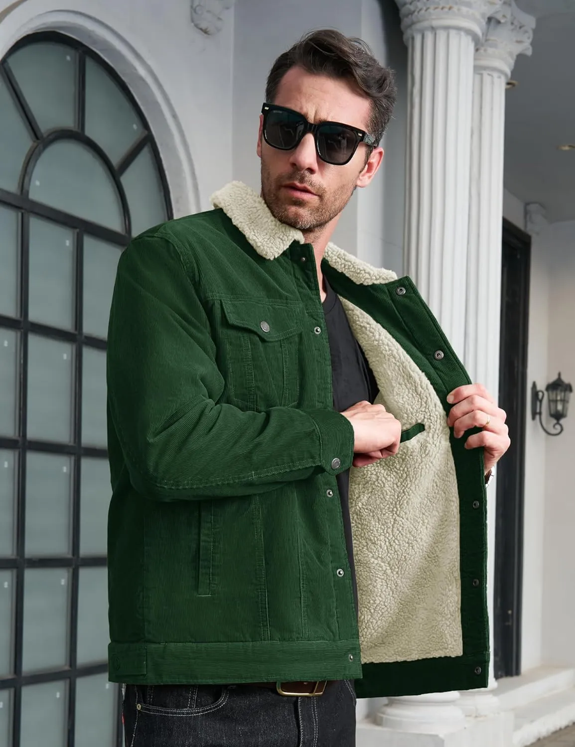 CRYSULLY Men's Corduroy Jacket Cotton Sherpa Lined Jacket Turn-Down Collar Jackets with 5 Pockets