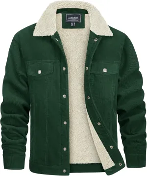 CRYSULLY Men's Corduroy Jacket Cotton Sherpa Lined Jacket Turn-Down Collar Jackets with 5 Pockets