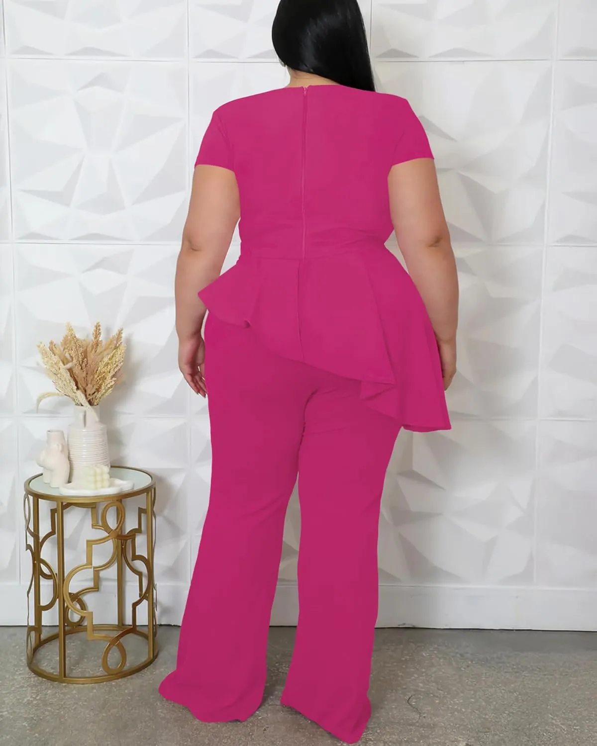 CXXQ Women's Plus Size Pant Suits 2 Piece Outfits Short Sleeve Peplum Top Pockets Wide Pants Sets Business Pantsuits