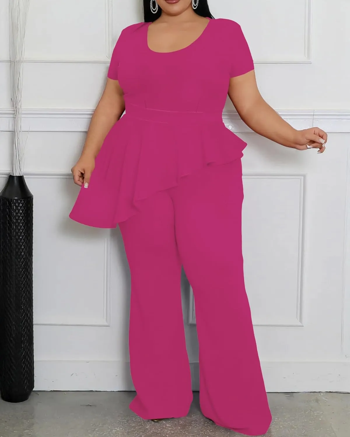 CXXQ Women's Plus Size Pant Suits 2 Piece Outfits Short Sleeve Peplum Top Pockets Wide Pants Sets Business Pantsuits