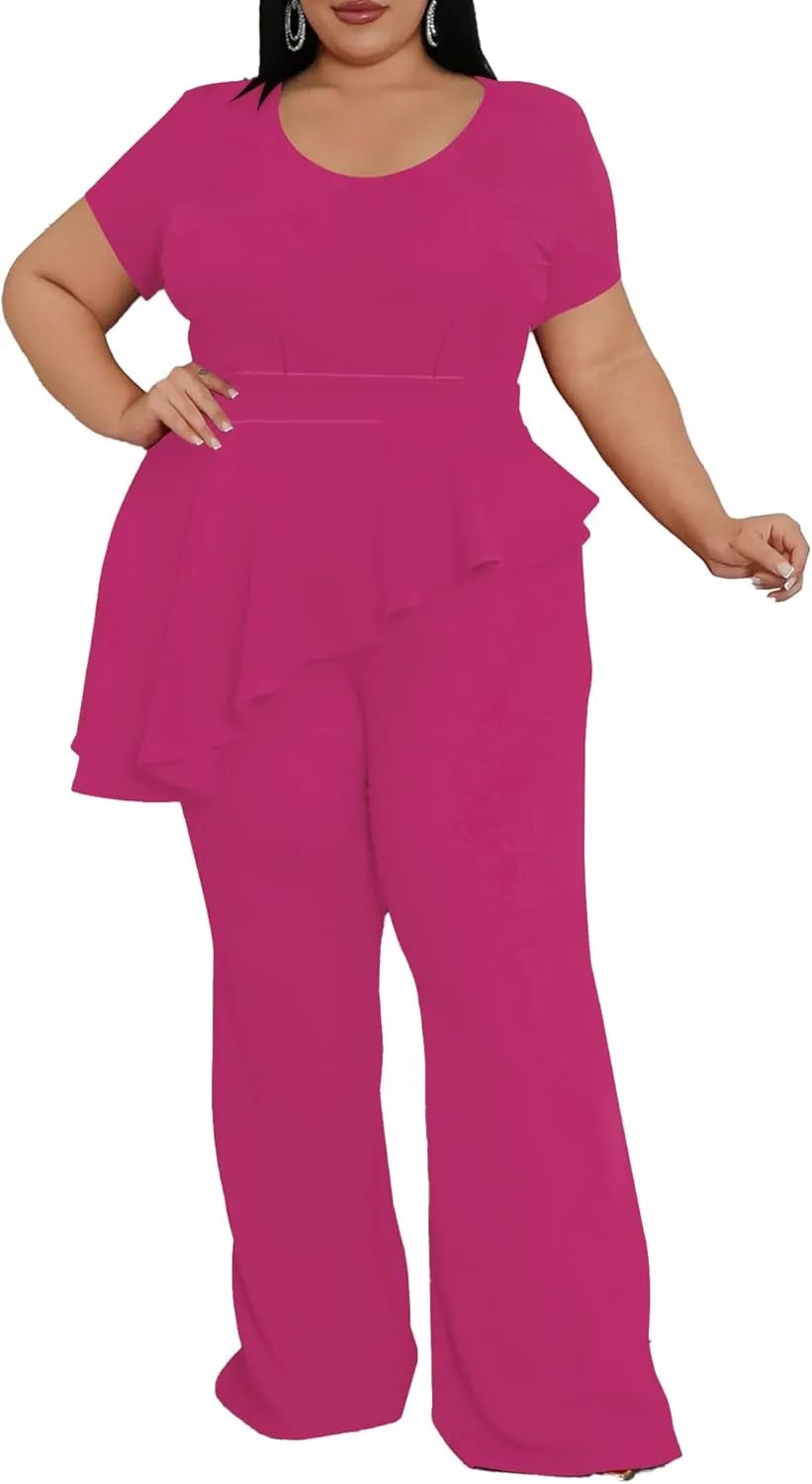 CXXQ Women's Plus Size Pant Suits 2 Piece Outfits Short Sleeve Peplum Top Pockets Wide Pants Sets Business Pantsuits