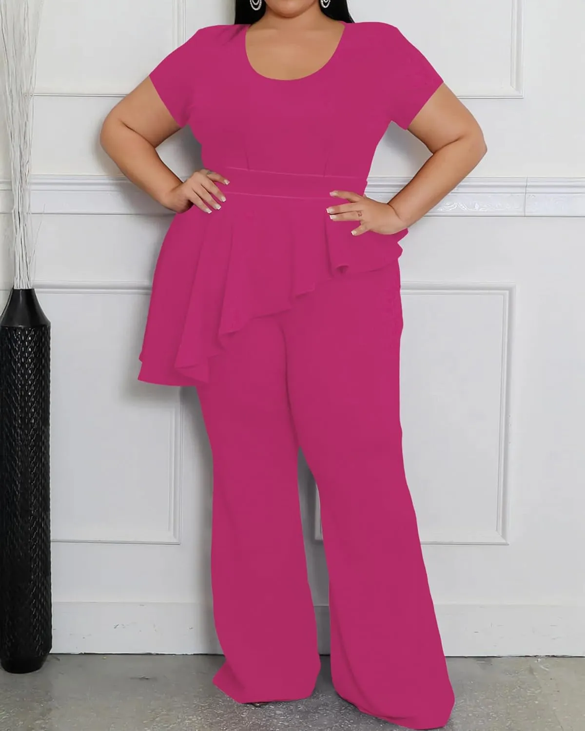 CXXQ Women's Plus Size Pant Suits 2 Piece Outfits Short Sleeve Peplum Top Pockets Wide Pants Sets Business Pantsuits