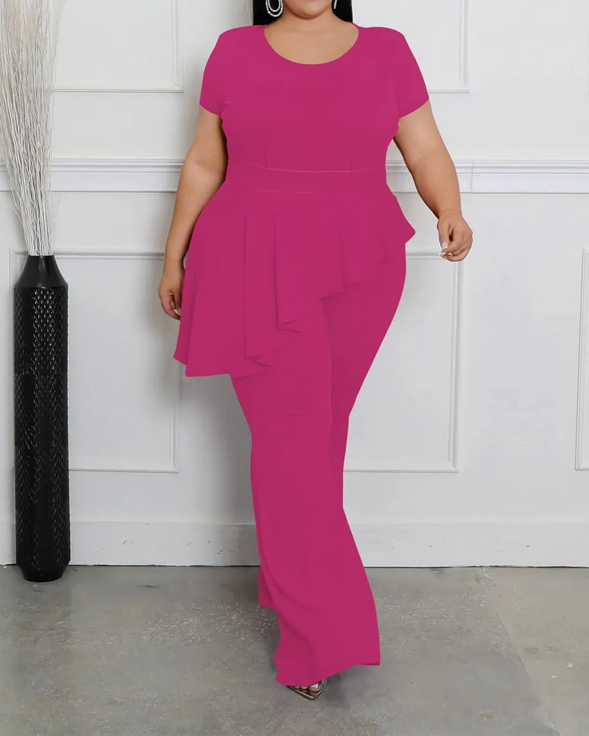 CXXQ Women's Plus Size Pant Suits 2 Piece Outfits Short Sleeve Peplum Top Pockets Wide Pants Sets Business Pantsuits