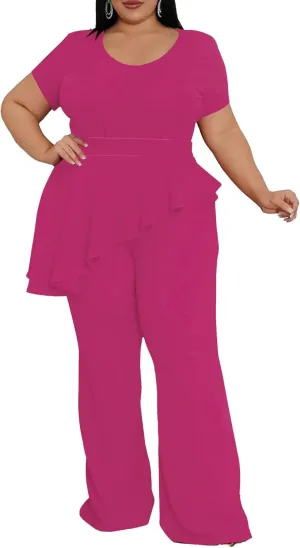 CXXQ Women's Plus Size Pant Suits 2 Piece Outfits Short Sleeve Peplum Top Pockets Wide Pants Sets Business Pantsuits