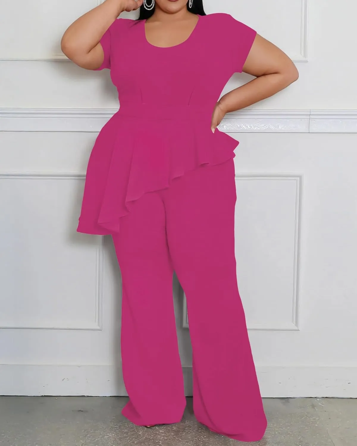 CXXQ Women's Plus Size Pant Suits 2 Piece Outfits Short Sleeve Peplum Top Pockets Wide Pants Sets Business Pantsuits