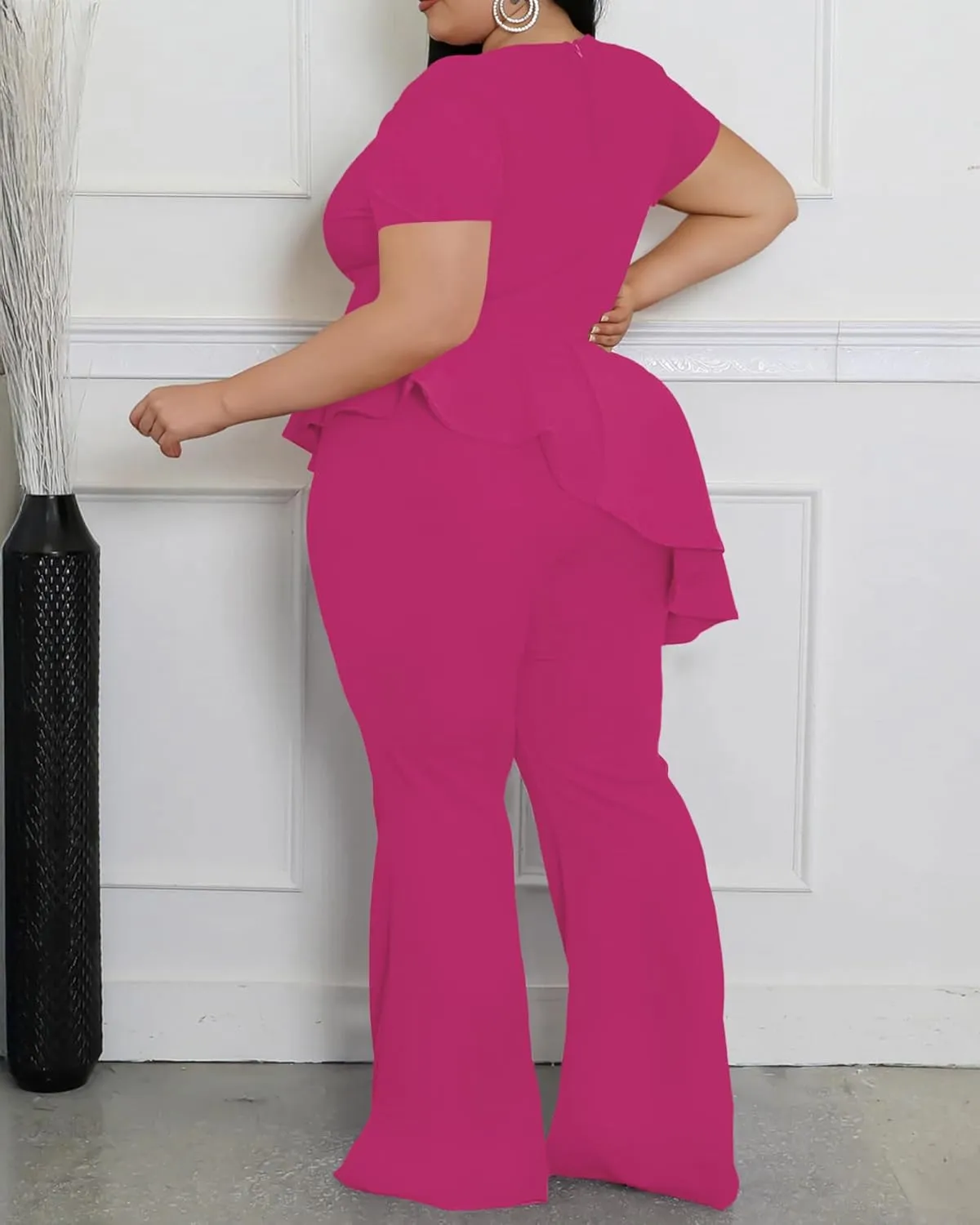 CXXQ Women's Plus Size Pant Suits 2 Piece Outfits Short Sleeve Peplum Top Pockets Wide Pants Sets Business Pantsuits