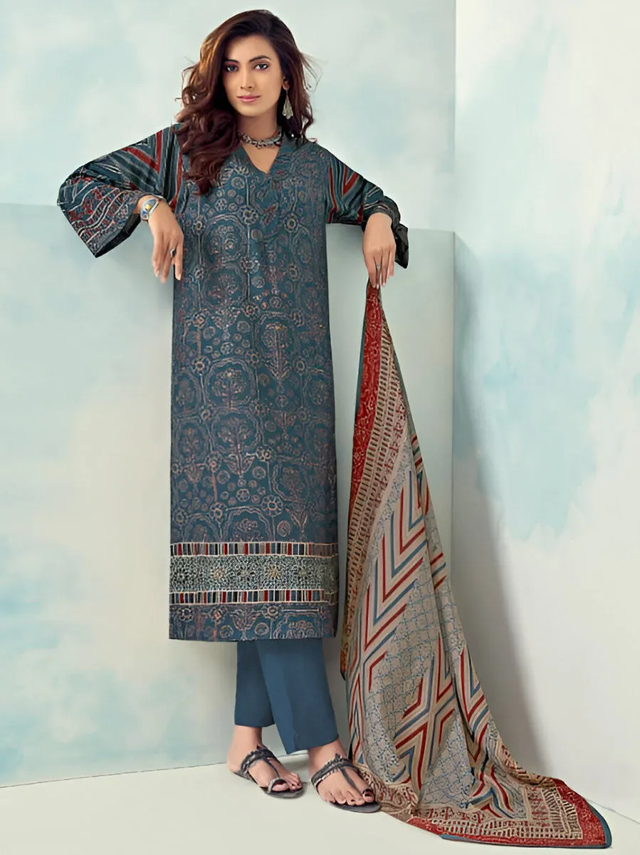 Dark Blue Unstitched Printed Muslin Silk Suit Dress Material for Women