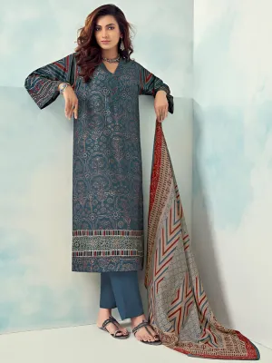 Dark Blue Unstitched Printed Muslin Silk Suit Dress Material for Women
