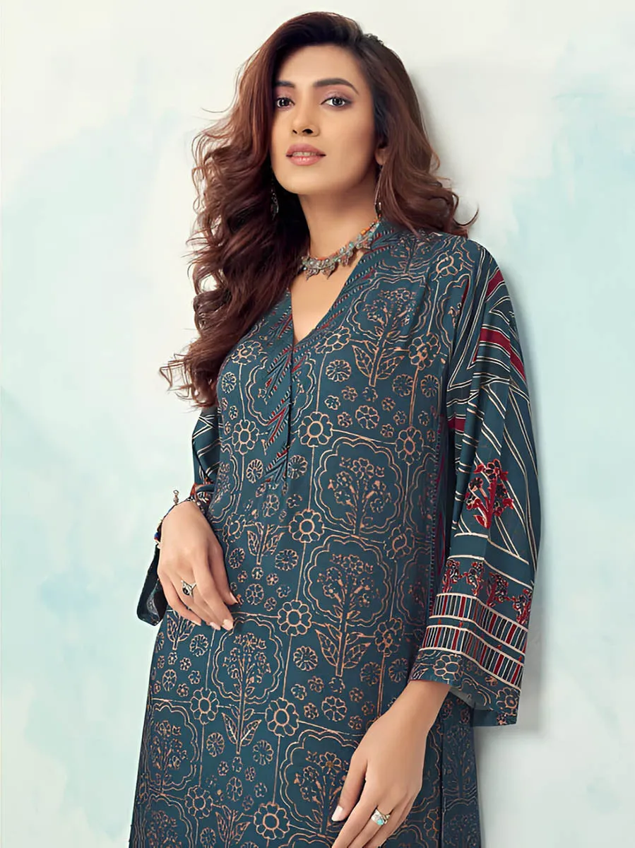 Dark Blue Unstitched Printed Muslin Silk Suit Dress Material for Women