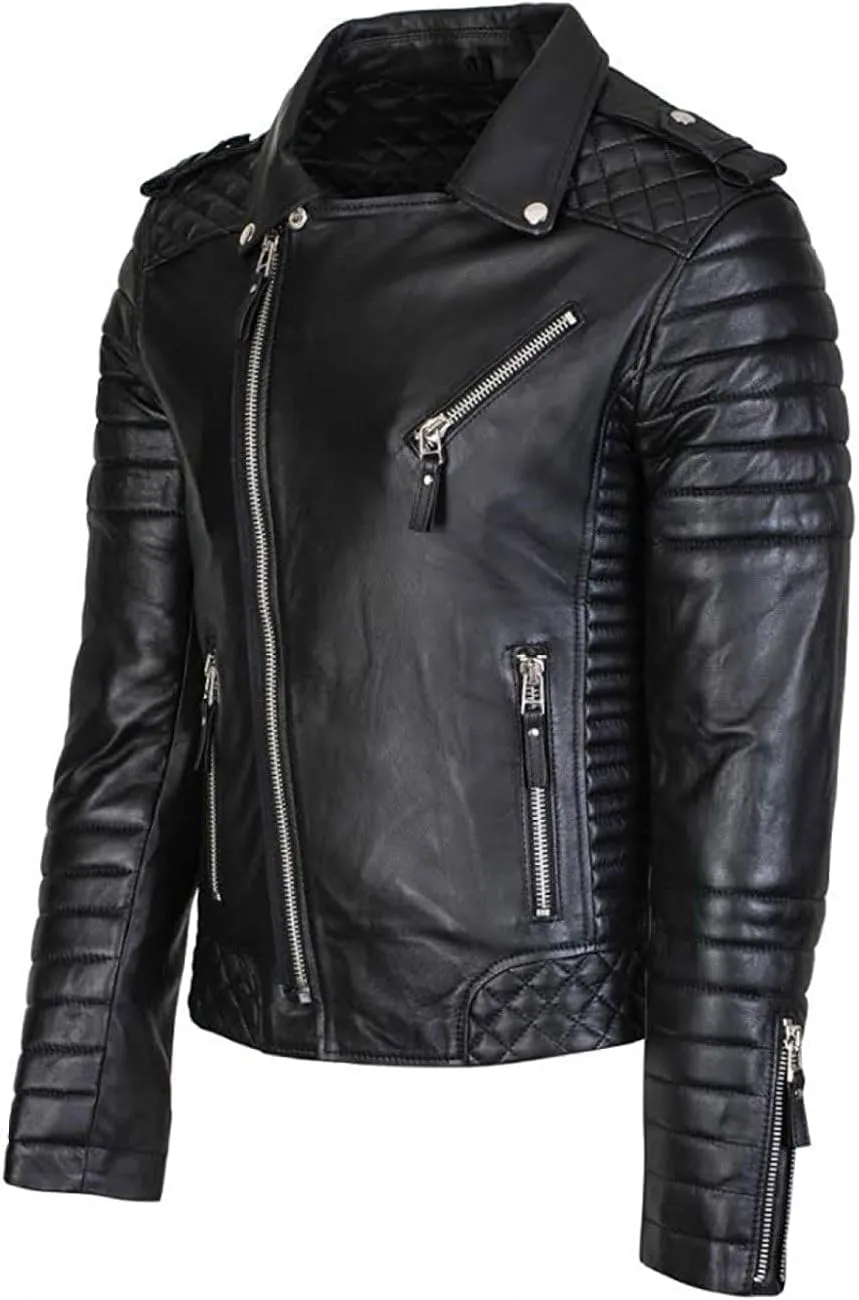 DECIMAL Men's Black REAL Lambskin Leather Biker Jacket VINTAGE GENUINE MOTORCYCLE JACKETS FOR MEN