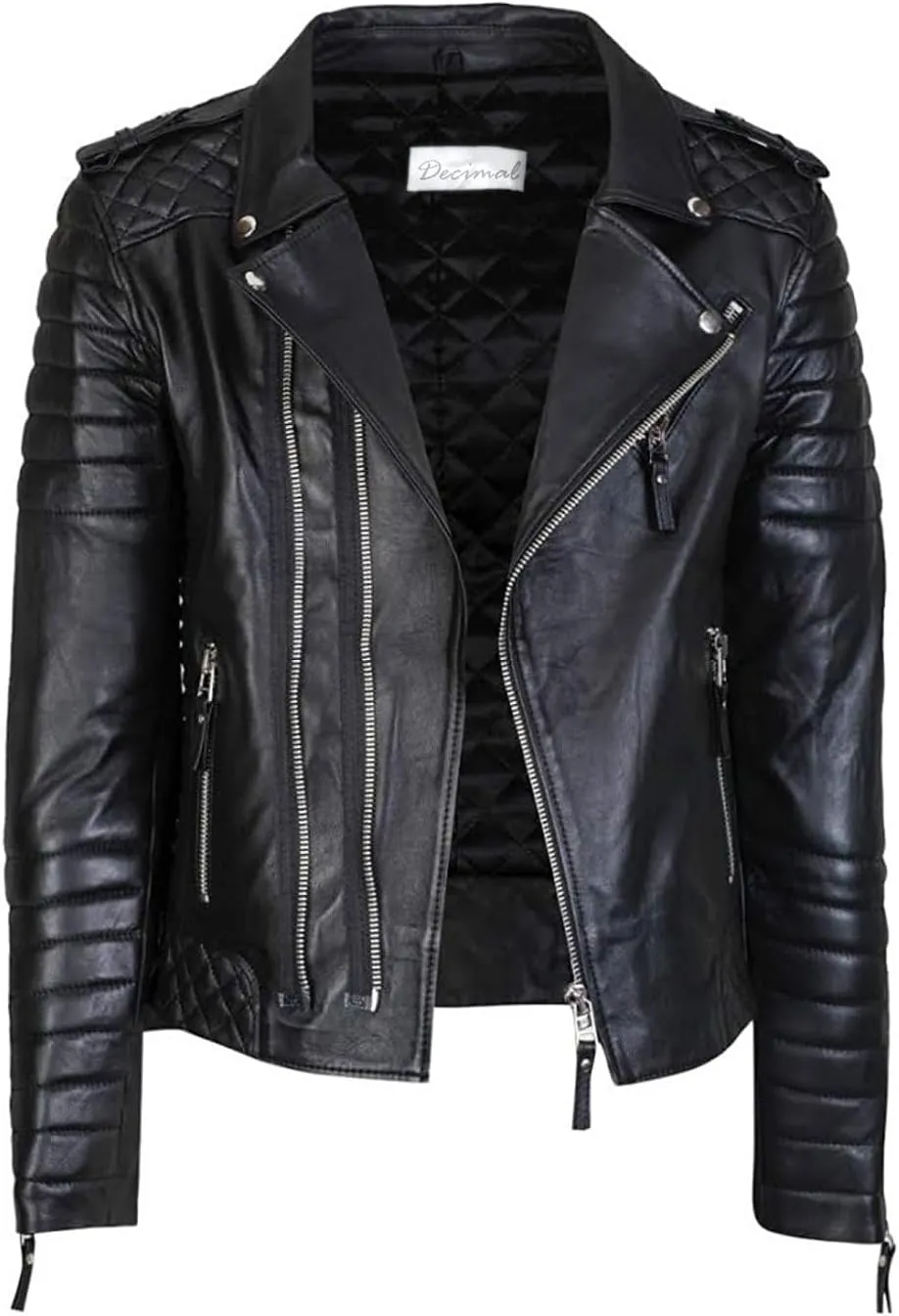 DECIMAL Men's Black REAL Lambskin Leather Biker Jacket VINTAGE GENUINE MOTORCYCLE JACKETS FOR MEN