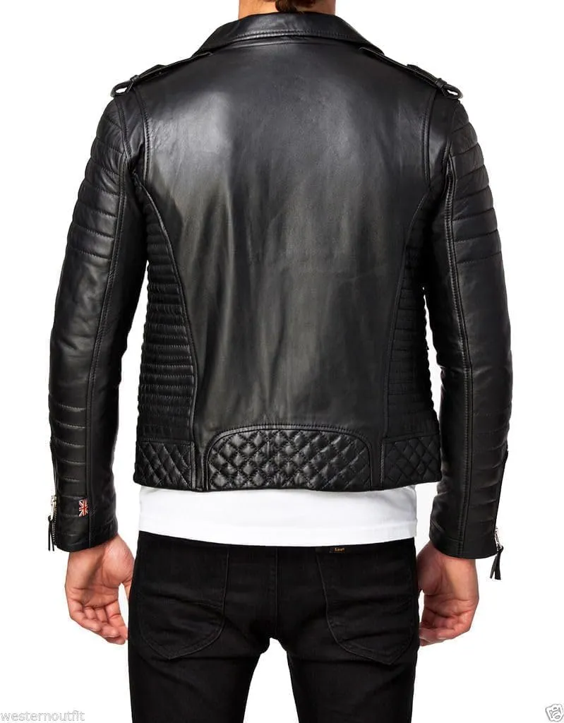 DECIMAL Men's Black REAL Lambskin Leather Biker Jacket VINTAGE GENUINE MOTORCYCLE JACKETS FOR MEN