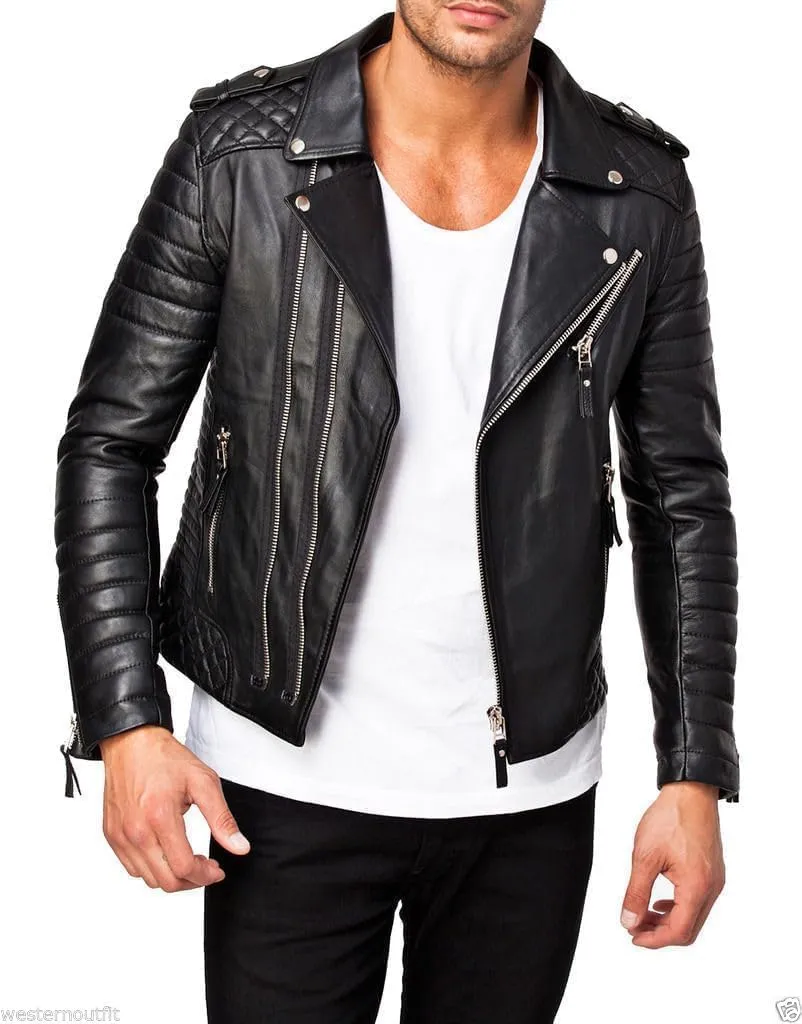 DECIMAL Men's Black REAL Lambskin Leather Biker Jacket VINTAGE GENUINE MOTORCYCLE JACKETS FOR MEN