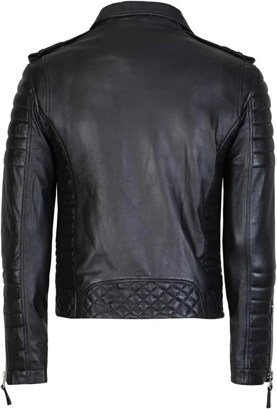 DECIMAL Men's Black REAL Lambskin Leather Biker Jacket VINTAGE GENUINE MOTORCYCLE JACKETS FOR MEN