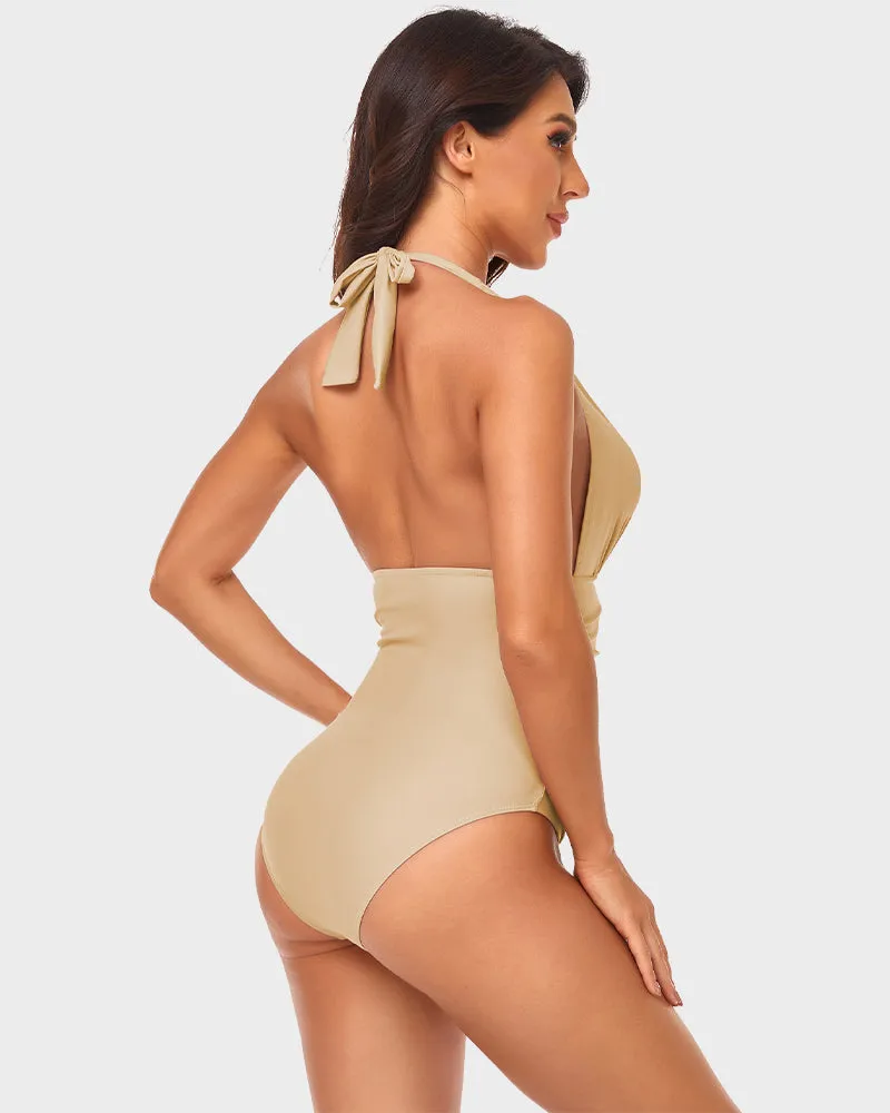Deep V Halter Neck Ruched One-Piece Swimsuit